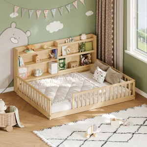 Full Size Montessori Floor Bed with Bookshelf & Safety Rails,